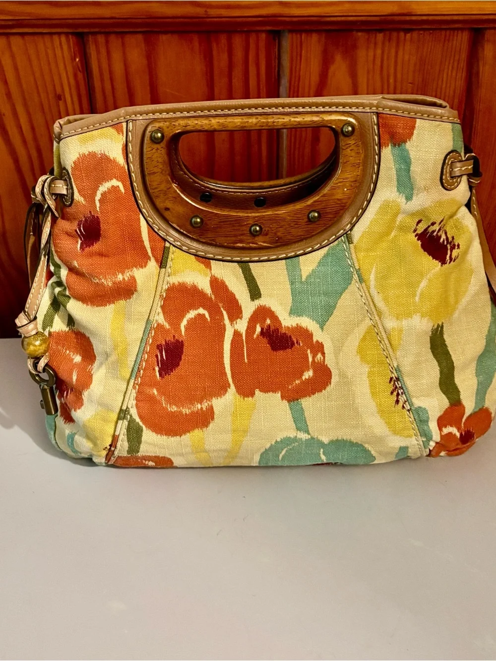 Vintage Fossil Floral Canvas Tote in Orange, Yellow & Teal with Wood Handle